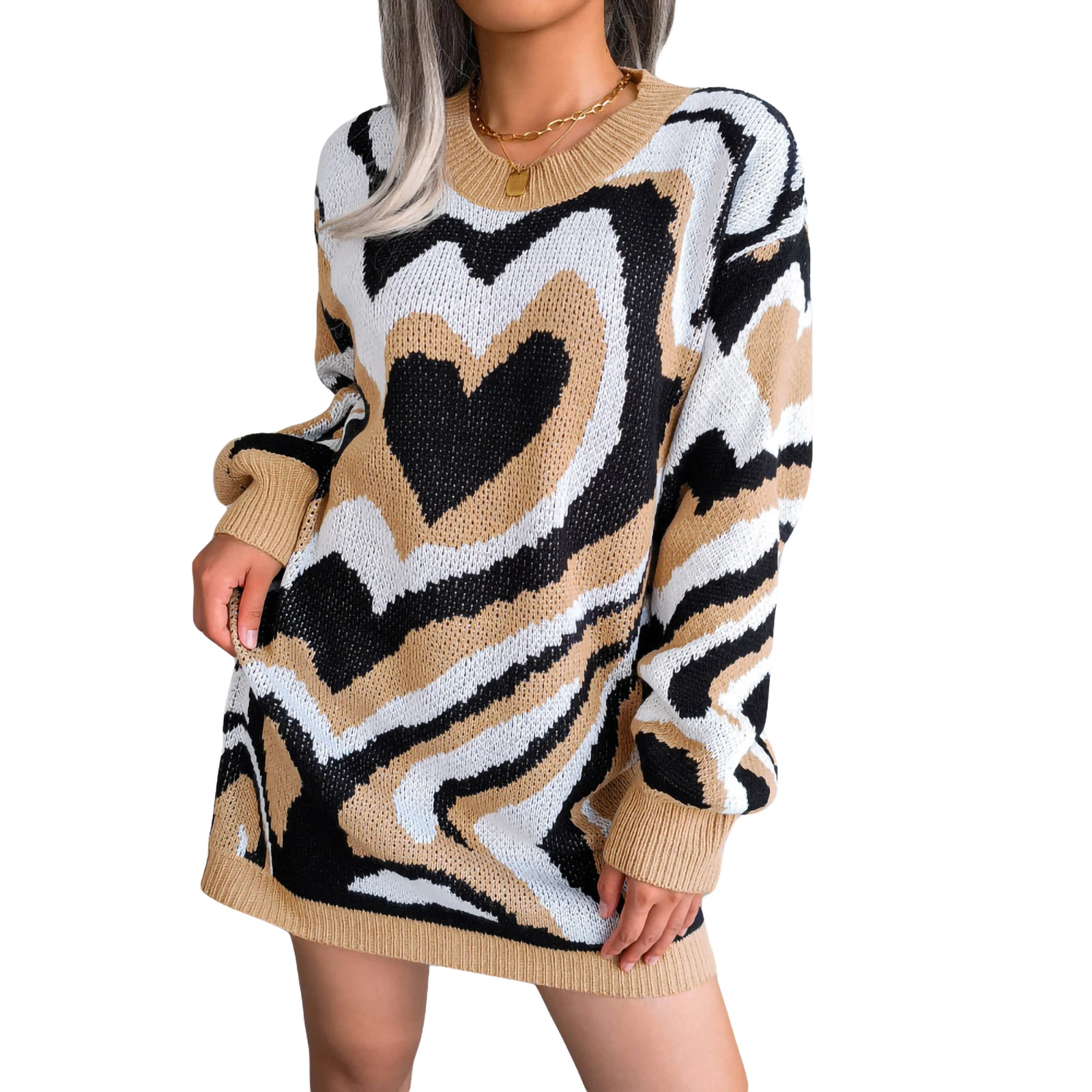 

Women Sweater Dress Layered Love Heart Long Sleeve Crew Neck Knitted Spring Dress Ladies Casual Fall/Winter Knitwear