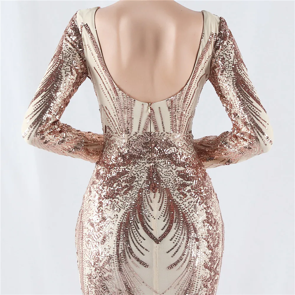 Women's V Neck Long Sleeve Elegant Sequin Floral Mermaid Bodycon Formal Party Gown Evening Maxi Dress