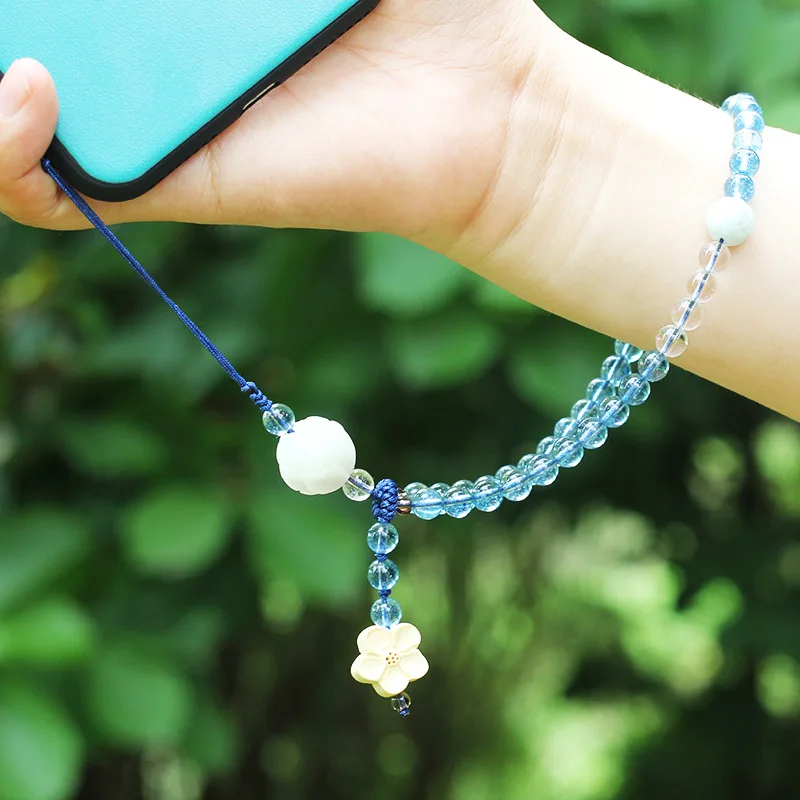 Watergrass agate explosive crystal white crystal mobile phone chain 6mm DIY women's Bodhigen jade accessories simple jewelry