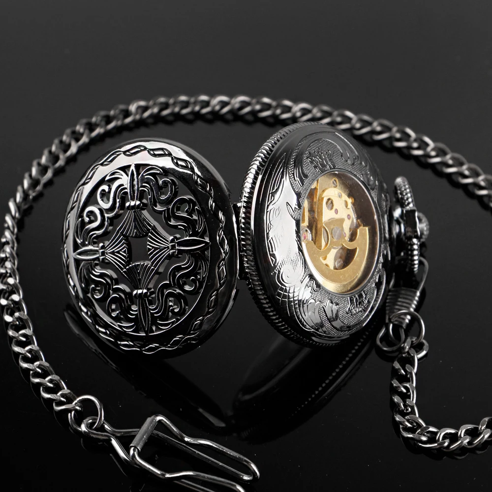 All Black Hunter Retro Mechanical Pocket Watch Collection Hand Wind Casual Fashion Men Women Fob Chain Watches