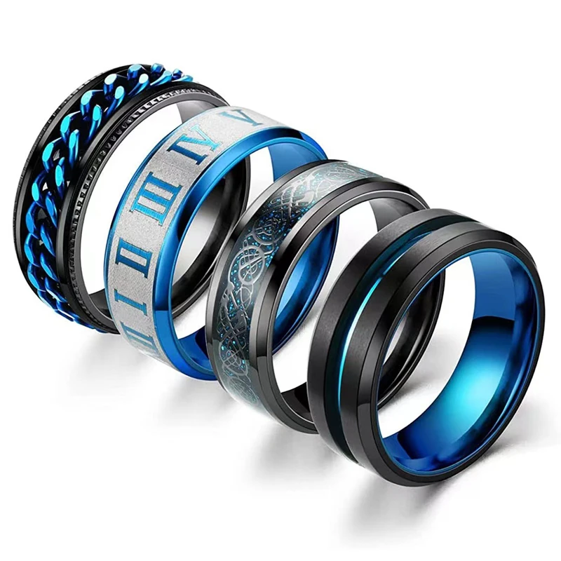 

Fashion 8mm Blue Groove Beveled Edge Stainless Steel Celtic Dragon Rings For Men Black Carbon Fibre Chain Ring Men Wedding Bands