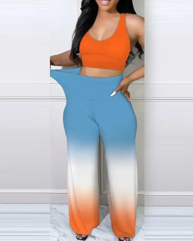 

Daily Casual Women's Pants Set 2023 Summer Sleeveless Open Navel Tank Top and Fashion Ombre Print High Waist Pants Two Piece Set