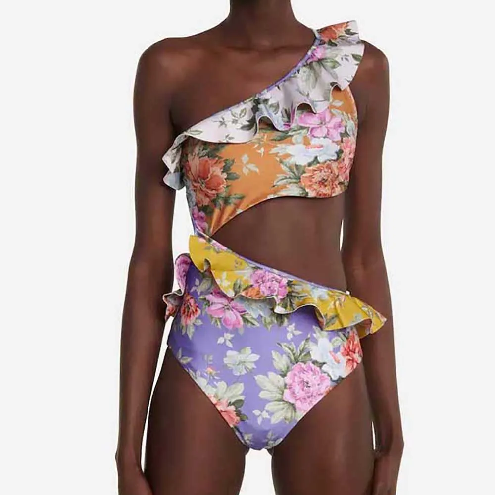 

Colorful Floral Print Ruffle Bikini One Shoulder High Waist Backless Swimsuit Hollow Out One Piece Lace Up Swimwear Summer Biqui
