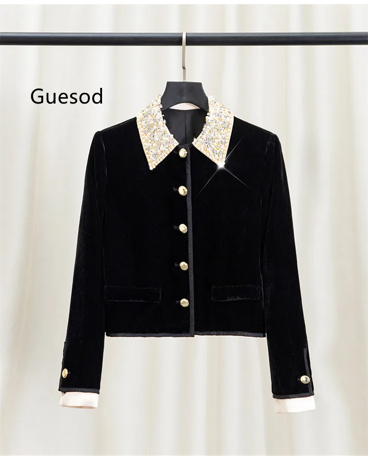 

Women Velvet Coat Beading Peter Pan Collar Ladies Silk Velvet Outerwear Female Winter Elegant Ladies New Arrive