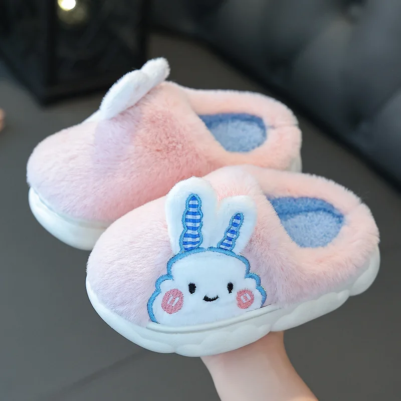 Winter Children Thickening Warm Indoor Rabbit EarsPlush Ball Shoes Kids Furry Slippers Boys And Girls Baby Cotton Home Shoes
