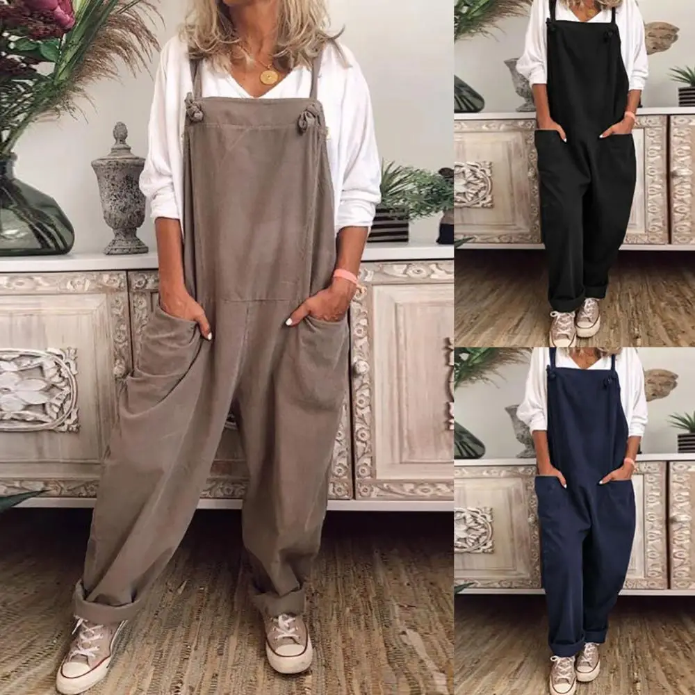 

Vintage Strap Loose Rompers Women Jumpsuits Long Overalls Dungarees Jumpsuit Casual 2020 Solid Strappy Cotton Linen Party Harem