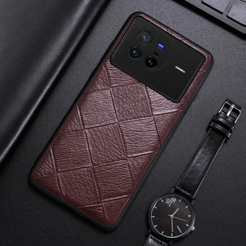 

Genuine leather cowhide phone case For VIVO X80 X70 X60 X50 pro s15e Luxury Natural Cowhide Back Cover Rhombus Texture cases
