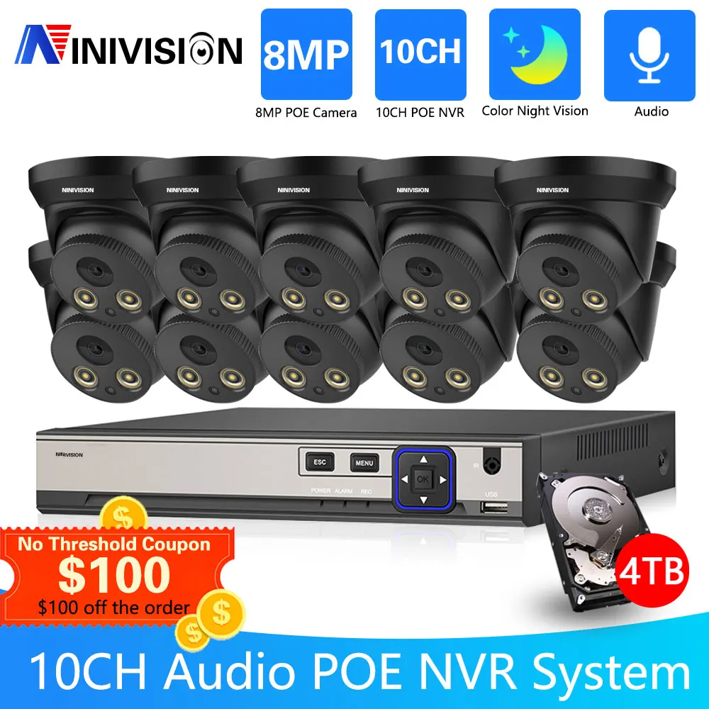 

Security Camera System 8MP 4K POE NVR Kit CCTV Audio Recording Outdoor AI Color Night Vision Video Surveillance IP Camera Set