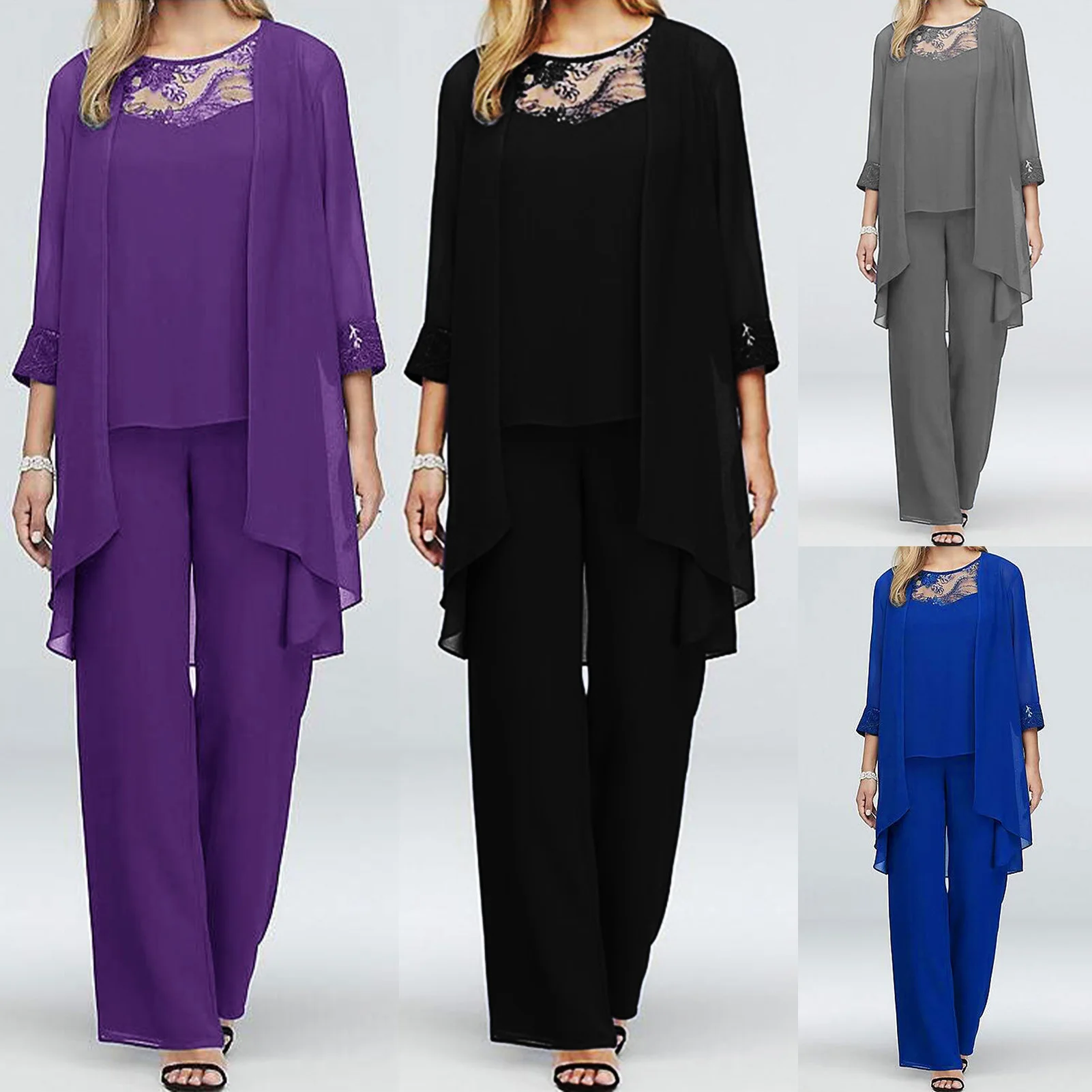 

3 Pieces Dress Suit Irregular Hem Chiffon Women Elegant Coat Top Trousers Solid Color Formal Gowns Outfit Loose Fit Daily Outfit