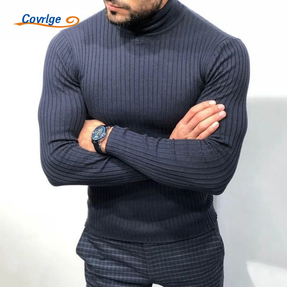 

Covrlge Spring Autumn New Men's High-neck Black Knitted Sweater Long-sleeved Sweater Slim Fit Bottoming Shirt for Men MZM163