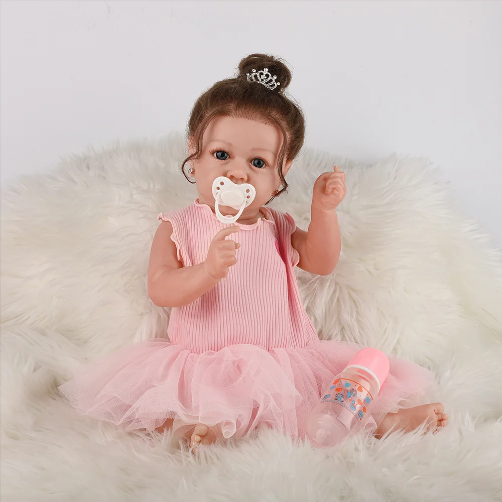 

58CM Finished Reborn Baby Dolls Complete 3D Painted Saskia Princess Girl with Rooted Brown Hair Handmade Realistic Doll Toy Gift
