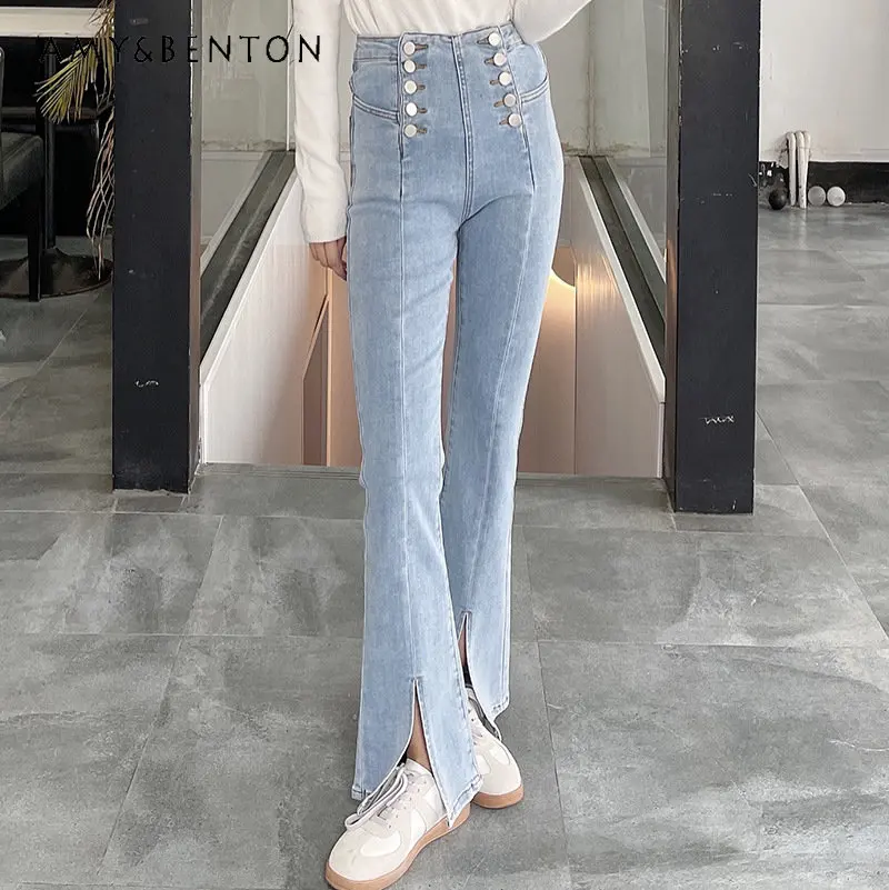 Design Sense Fashion Winter New Cotton Trendy Denim Pant for Ladies Casual Double Breasted High Waist Warm Jeans for Women