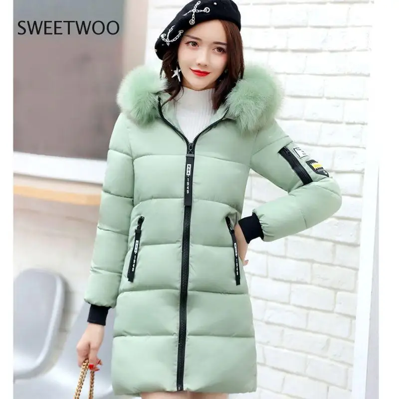 2022 New Korean Style Big Faux Fur Collar Down Jacket Coat Parkas Lolita Slim Winter Mid-Length Fashionable Cotton Women Zipper
