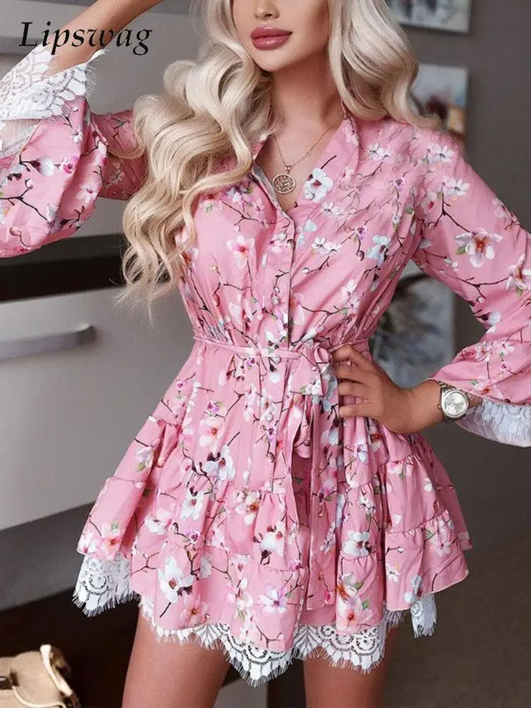 

Модные Игривые платья-трапеции, летние платья-рубашки мини с цветочным принтом и отложным воротником, весна 2022, женские кружевные лоскутные...