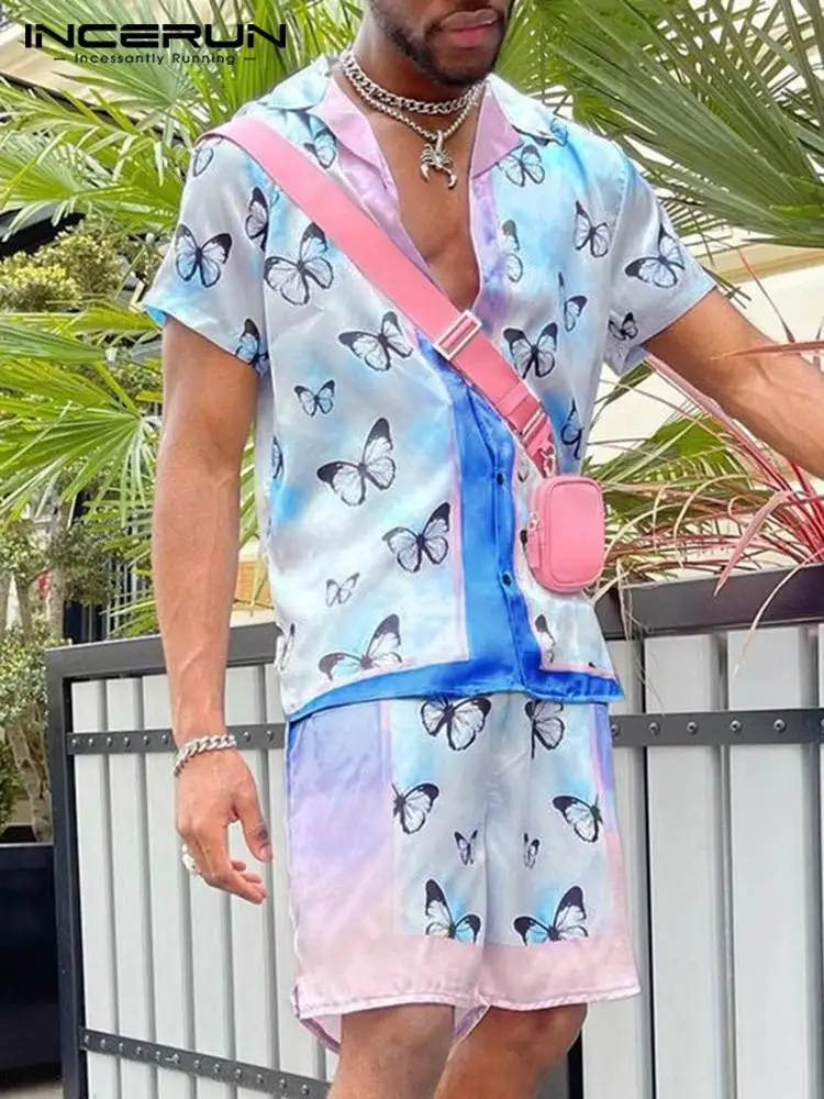 

INCERUN Men Sets Printed Gradient Streetwear Short Sleeve Shirt & Shorts Two Pieces 2022 Vacation Casual Men Hawaiian Suits 3XL
