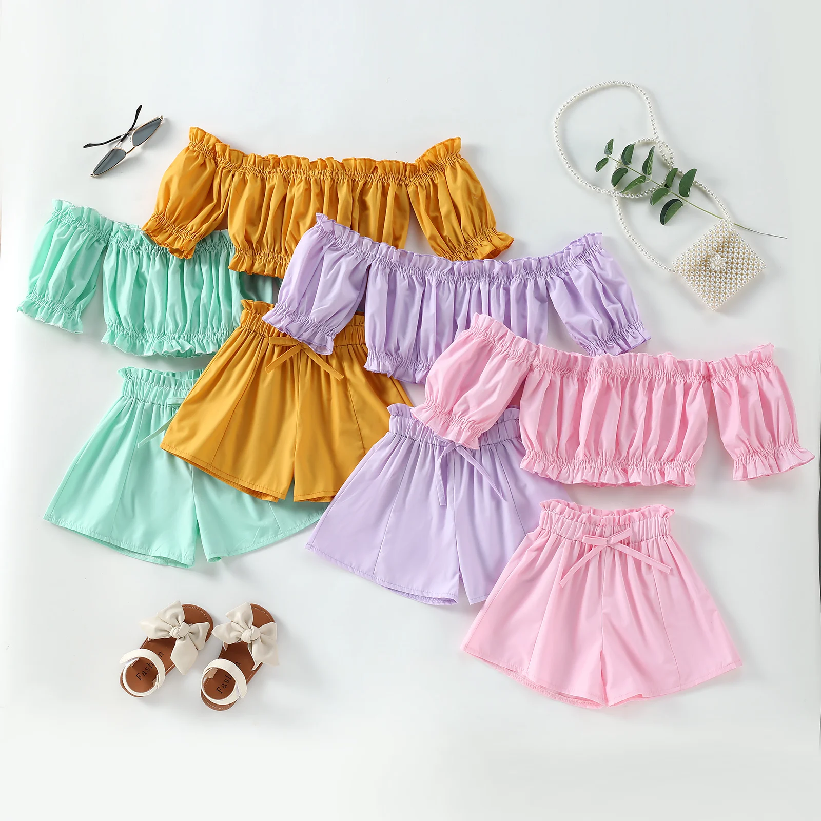 

Lovely Little Kids Baby Girls Clothing Shorts Set Short Sleeve Off Shoulder Solid Color Crop Tops Elastic High Waist Short Pants