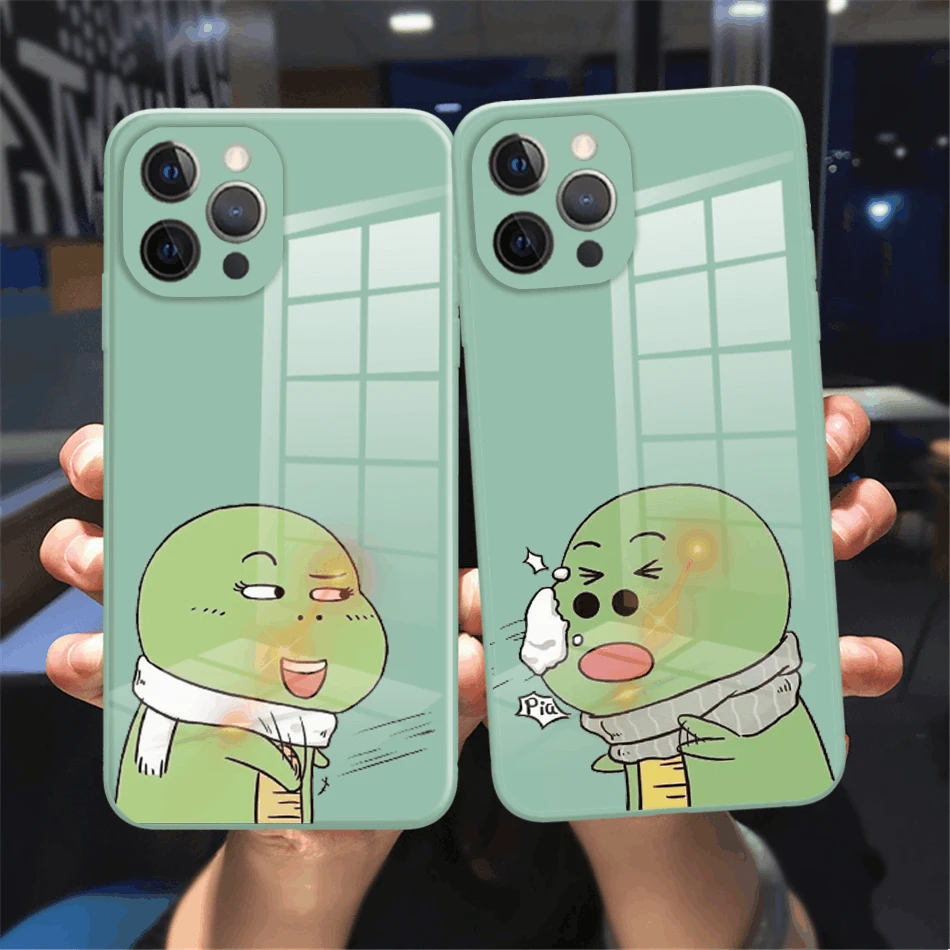 

Cute Cartoon Animal Dinosaur Couple Phone Case For iPhone 11 12 13 Pro Max X XS MAX XR 7 8 Plus light cyan Tempered Glass case