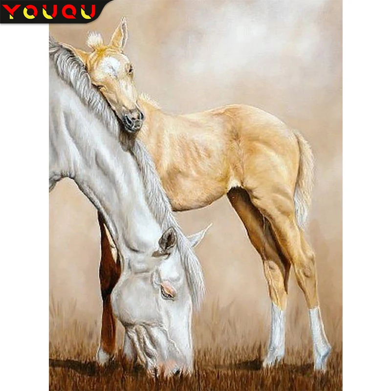 

Horse Mother and Cub DIY Diamond Painting Animal Full Round Drill Diamond Embroidery Mosaic Cross Stitch Kits Wall Decor Gift