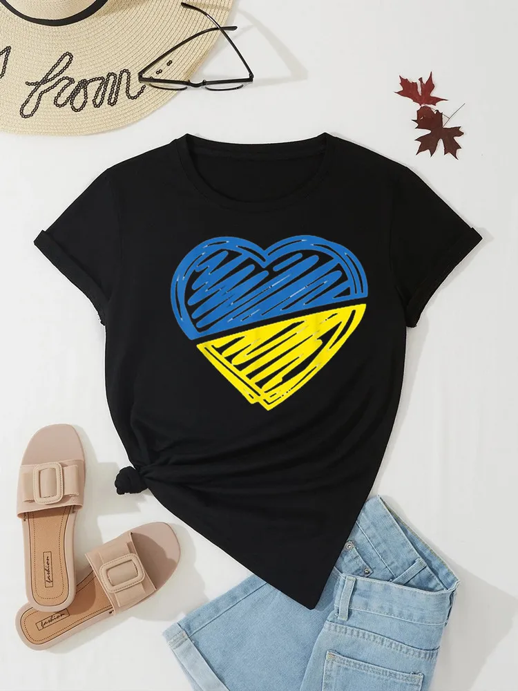 

Ukraine T-Shirts Blue And Yellow Heart Pattern Tops Tees Lady Girls Casual Streetwear ClothesShort Sleeve