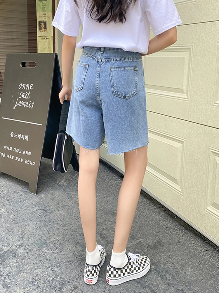 New Spring Summer Women Hole Wide Leg Blue Denim Shorts Casual Female Loose High Waist Jeans Shorts Ladies Bottoms
