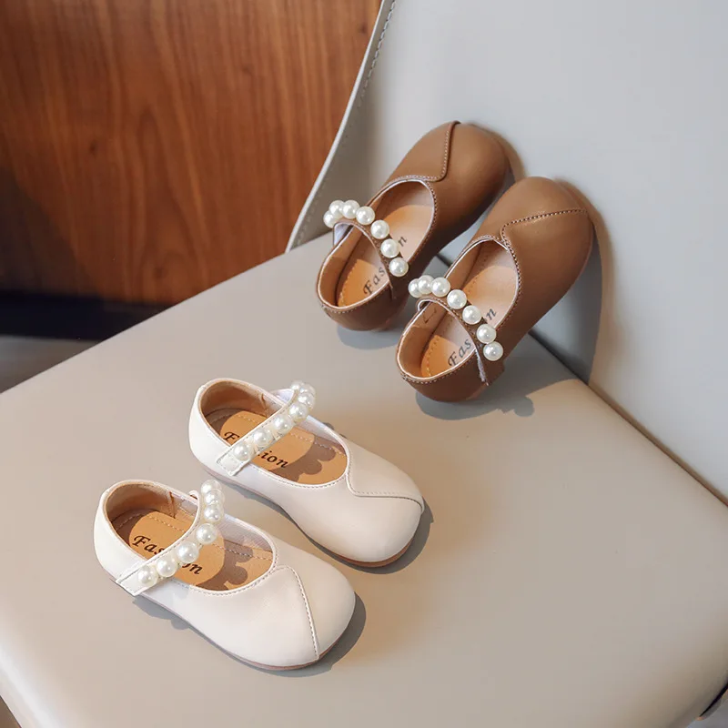 

Girl Shoe Children Leather Shoe Spring New Korean Pearls Little Girl Princess Shoe Fashion Soft Sole Flat Chaussure Enfant Fille