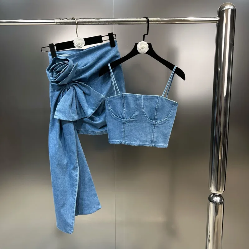 PREPOMP 2023 Summer Petal Applique Blue Denim Slim Bodycon Half Skirt Women Y2k Sleeveless Camis Crop Top Two Piece Set GH900