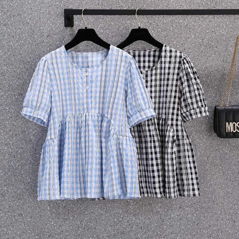 

VANOVICH 2022 Summer New Korean Style Oversized Folds Sweet Top Fashion O-neck Plaid Vintage Casual Lantern Sleeve T-shirt