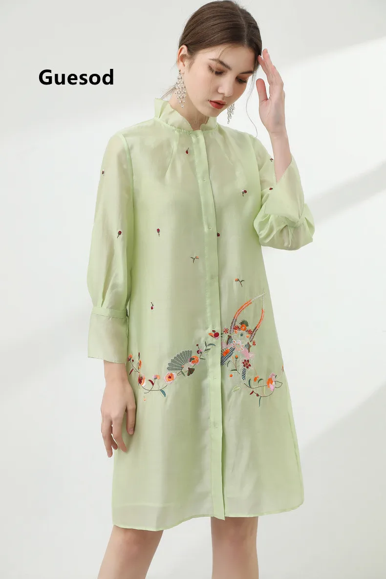 

Guesod Women Tencel Top 2022 Spring Autumn Embroidery Flower Cardigan Long Top New