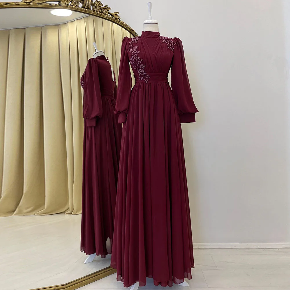 

Burgundy A-Line Evening Dresses for Women 2022 Floor Length Party Gowns Chiffon Full Sleeve High Neck Applique Robe De Soiree