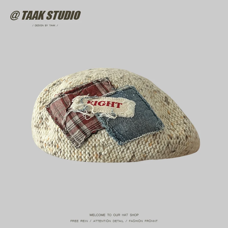 Винтажный вязаный берет с нашивками детский осенне-зимний теплый универсальный