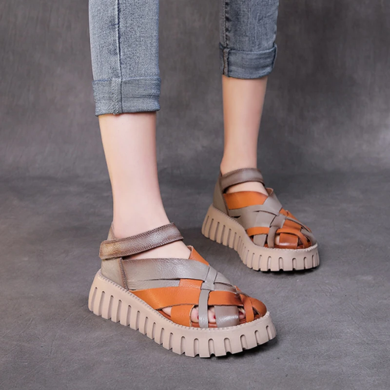 

Женские сандалии на платформе, летние сандалии-гладиаторы из натуральной кожи на танкетке, плетеные, разные цвета, обувь для прогулок ручно...