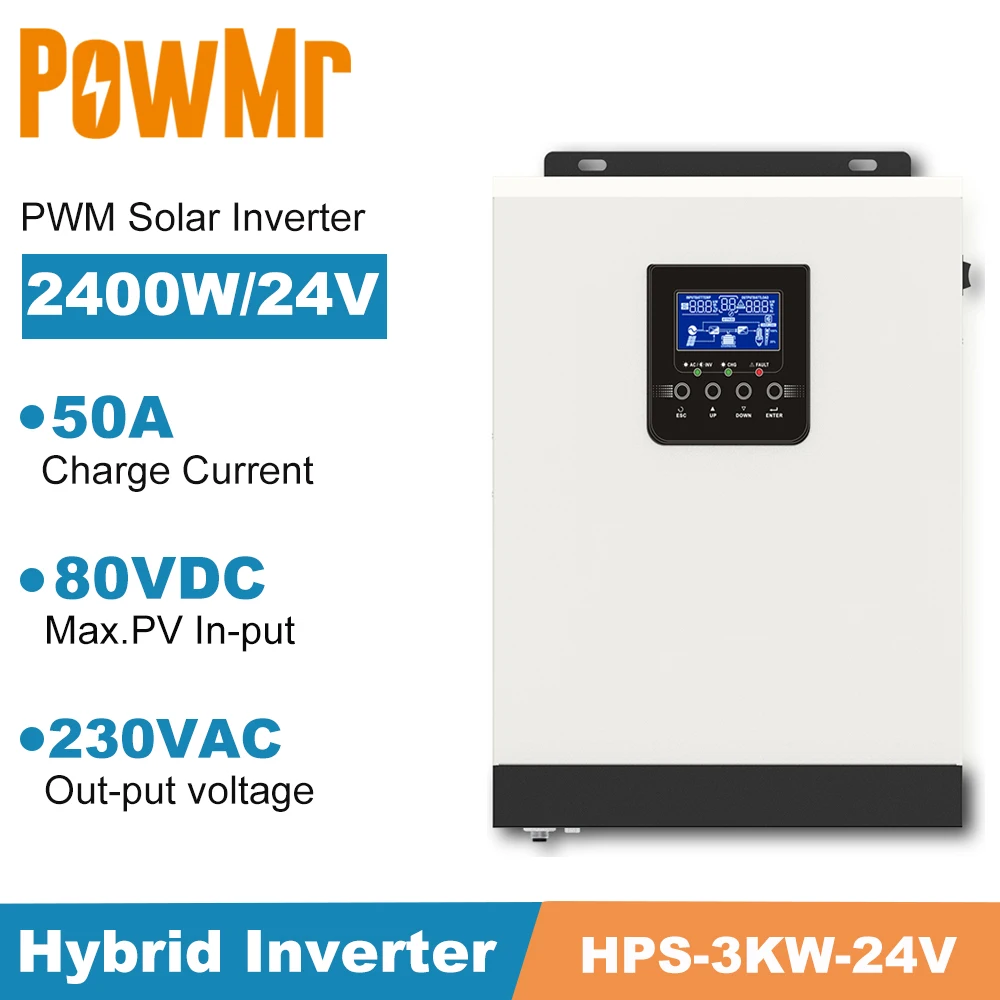 

3000VA 2400W Hybrid Solar Inverter Pure sine wave PWM 50A 24VDC Charger with 230V VAC Output High PV Input 80VDC Solar Charger