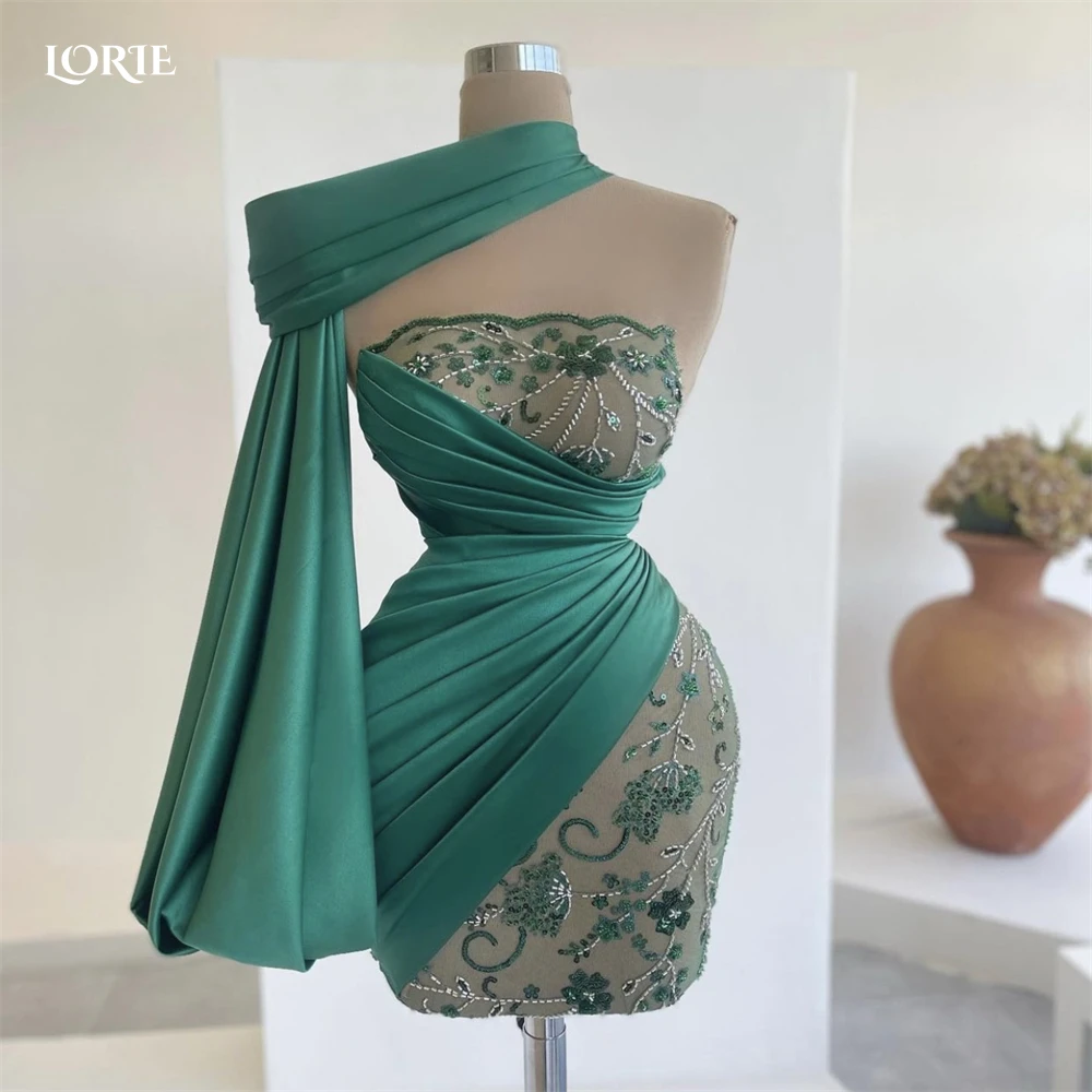 

LORIE Green Lace Cocktail Party Gowns One Shoulder Mini Pleated Saudi Arabia Beadings Evening Dresses Dubai Celebrity Prom Gown
