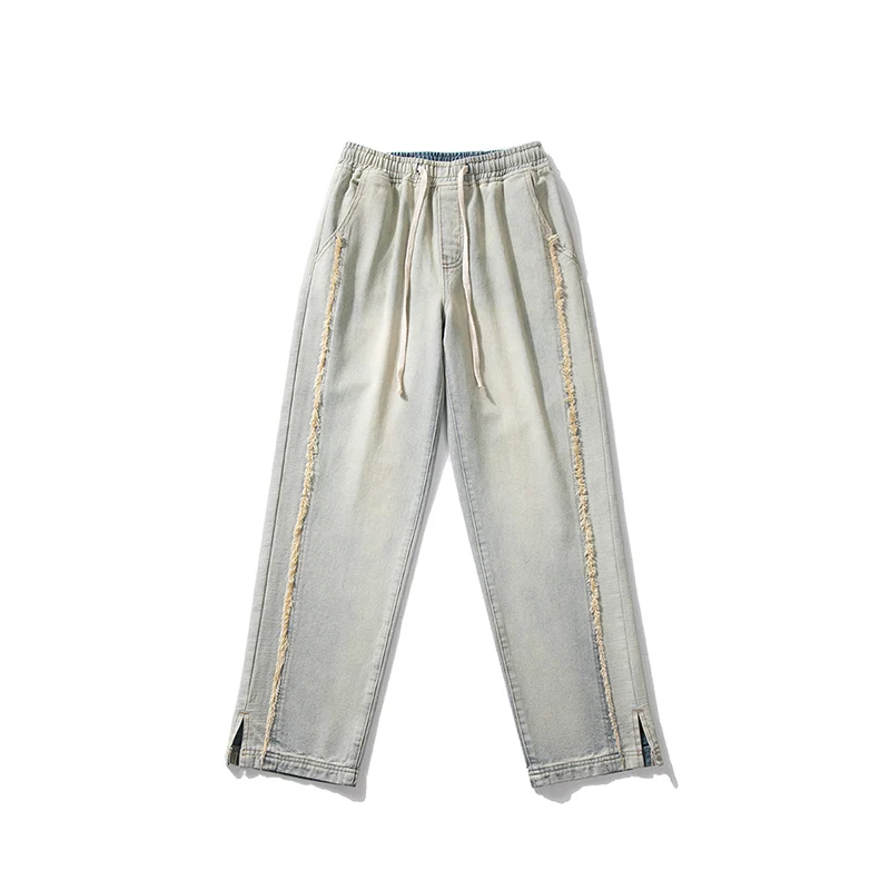 Four Seasons Men's Raw Edge Jeans Wide Leg Pants Fashion Brand Elastic Waist Hip Hop Men's Patchwork Trousers Casual Streetwear