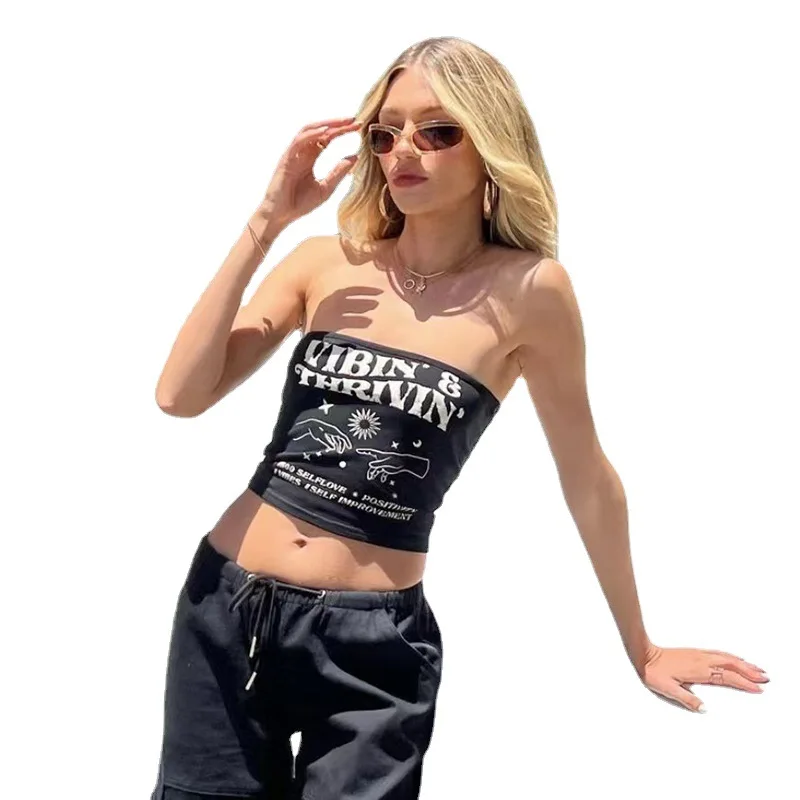 

Женский укороченный Топ без бретелек, футболка с графическим рисунком, с открытыми плечами, без рукавов, футболка в эстетическом стиле, y2k, о...