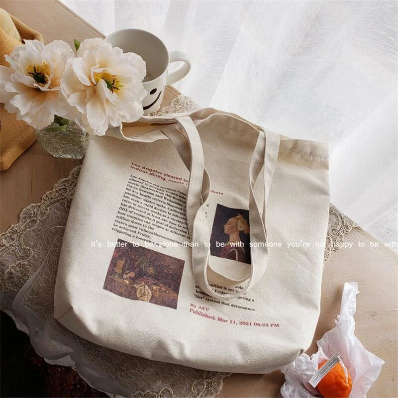 

Women Canvas Shoulder Bag Oil Painting Printing Ladies Casual Handbag Tote Bag Large Capacity Cotton Reusable Shopping Beach Bag