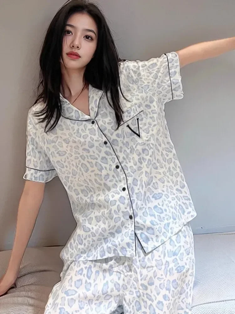 Victoria Tencel Soft Leopard Print Pajamas Set Short Sleeve Long Pants Spring and Autumn Women's Home Clothes