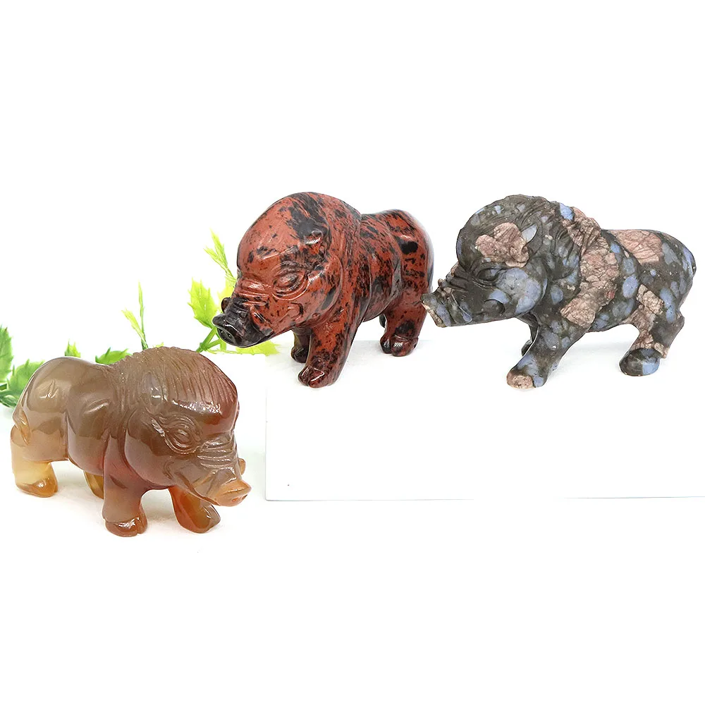 Wild Boar Statue Natural Stones Reiki Healing Crystal Carving Pig Animal Figurine Crafts Home Decoration Fengshui Ornament Gifts