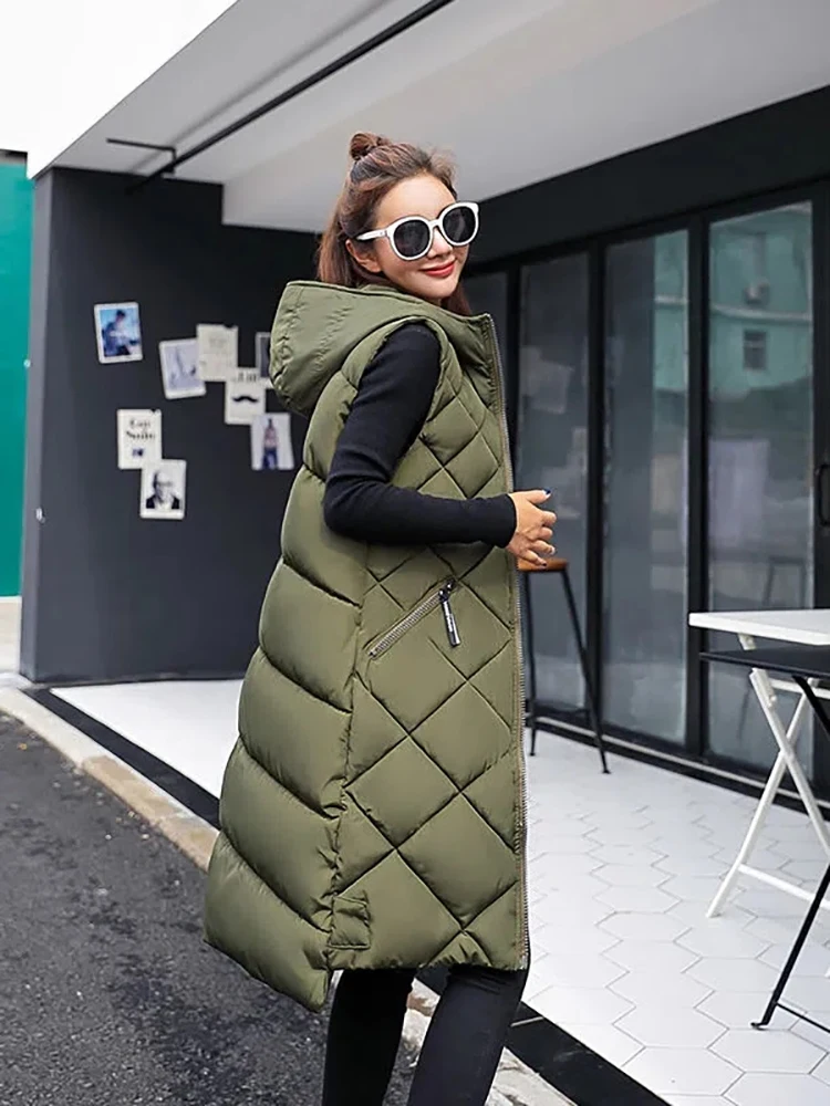 Women's Sleeveless Vest Long Down cotton Jacket Solid Korea Hooded Padded Vests Loose Females 2023 Fashion Casual Winter Coat