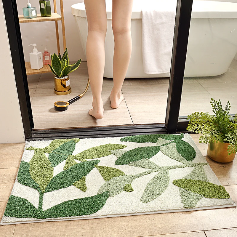 

Simple green leaf flocking bath mat anti-skid water absorption superfine fiber bathroom carpet doormat super soft bath carpet