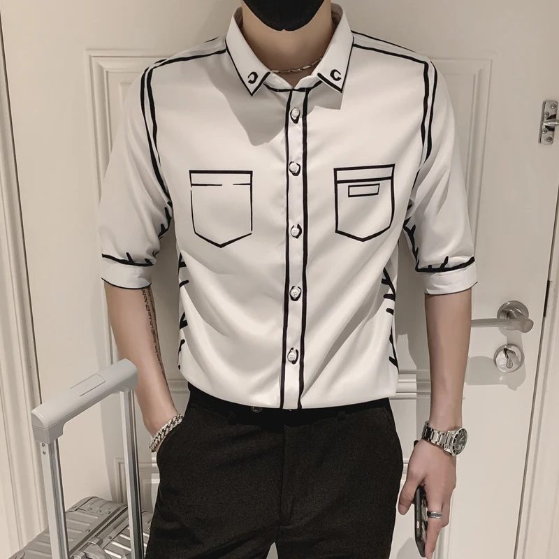 

Summer Half Sleeve Slim Fit Chemise Homme British Style Button Up Tuxedo Shirt Men Fashion Harajuku Korean Design Male Blouses