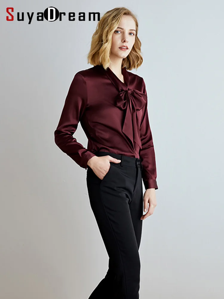 SuyaDream Silk Blouses Woman 95%Silk 5%Spandex Solid Bow Collar Office Chic Blouse Shirt 2022 Elegant Shirt