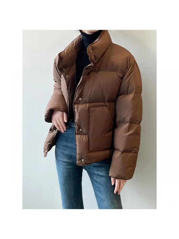 Black Thick Stand Collar Padded Short Parkas Jacket Women 2022 Winter New Zippers Loose Warm Bread Clothing Coats