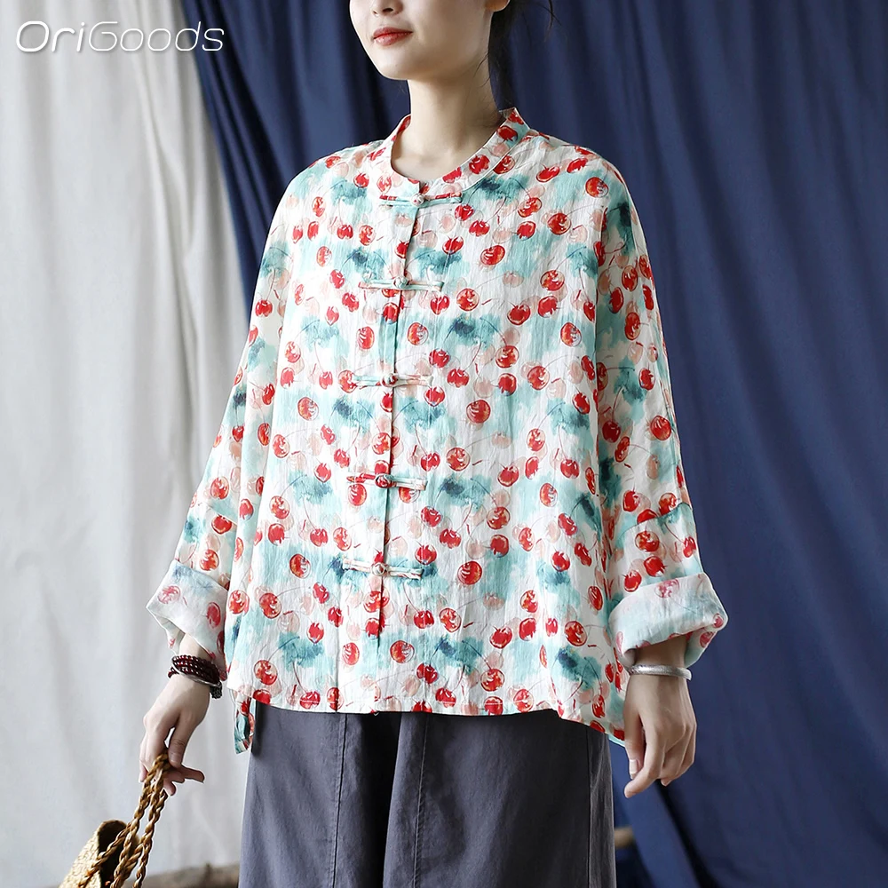 OriGoods Рубашка с рукавами летучих мышей блузка женский супер - рамин вишнёвый принт