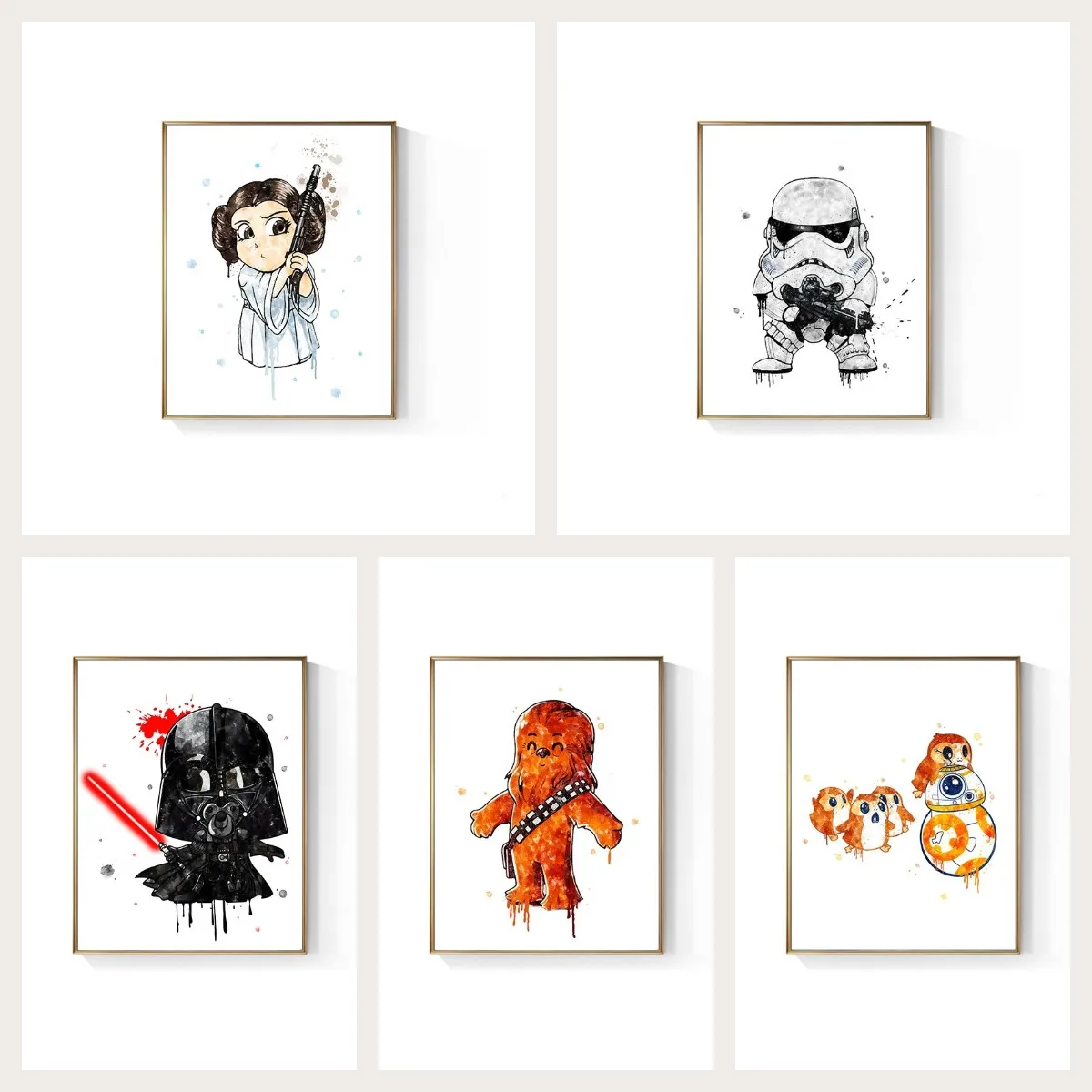 Живопись на холсте Звездные войны Акварельная печать плаката Дарт Вейдер Порг Чубакка Принцесса Лея Йода Боба Фетт Детская комната Домашний декор.