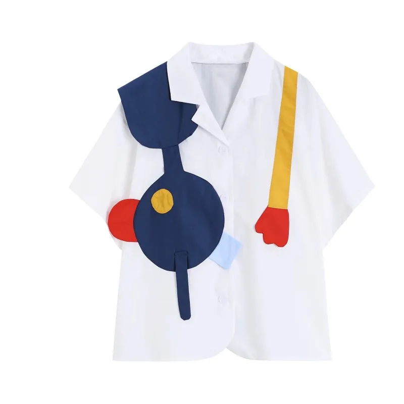 

Women Summer 2022 Cartoon Bird White Button Up Shirt For Short Sleeve Korean Fashion Kawaii Cute Top And Blouse Clothes