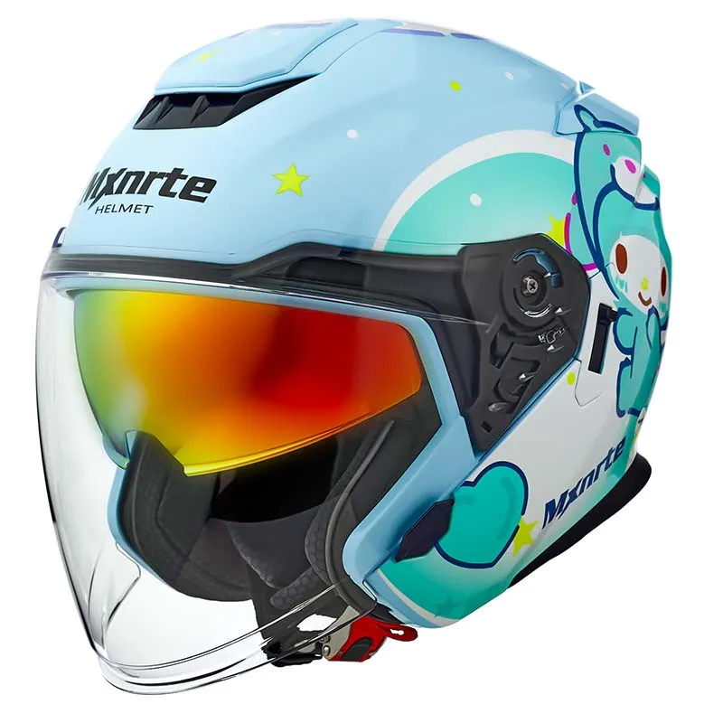 DOT Approved Mxnrte Lovely Blue Rabbit Helmet Men and Women Double Lens Half Motorcycle Off-Road Safety Casque