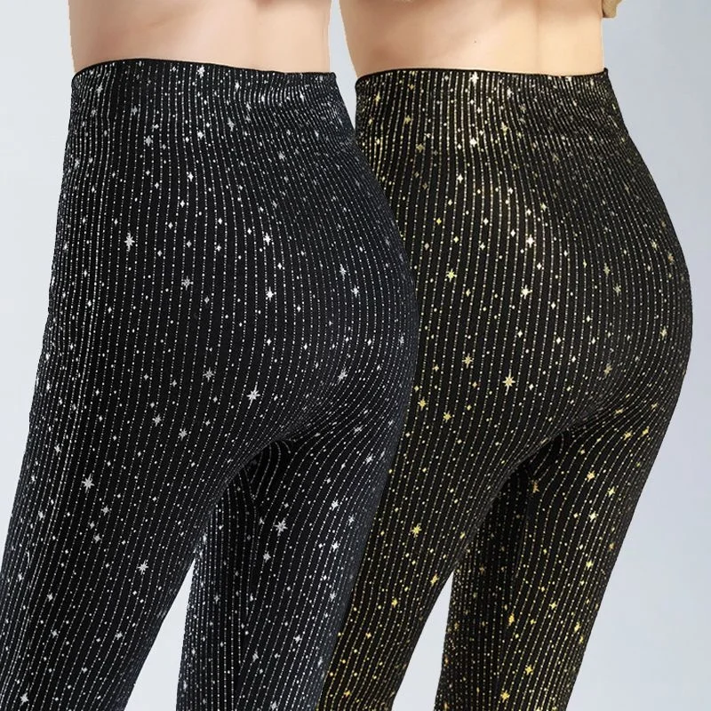 Sequin black high waist elastic glitter leggings Autumn winter thick warm fitness pants pencil trousers