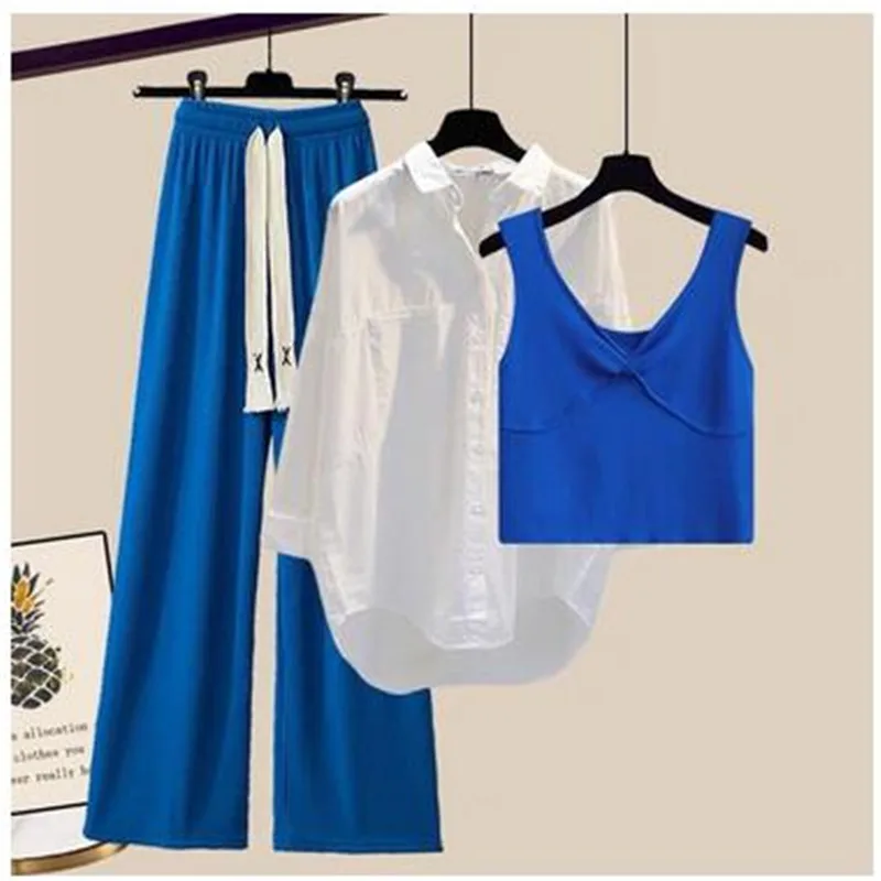 

Spring and Summer 2023 New White Shirt Blue Vest Wide Leg Pants Three-piece Set of Elegant Women's Tracksuit Casual Outfits