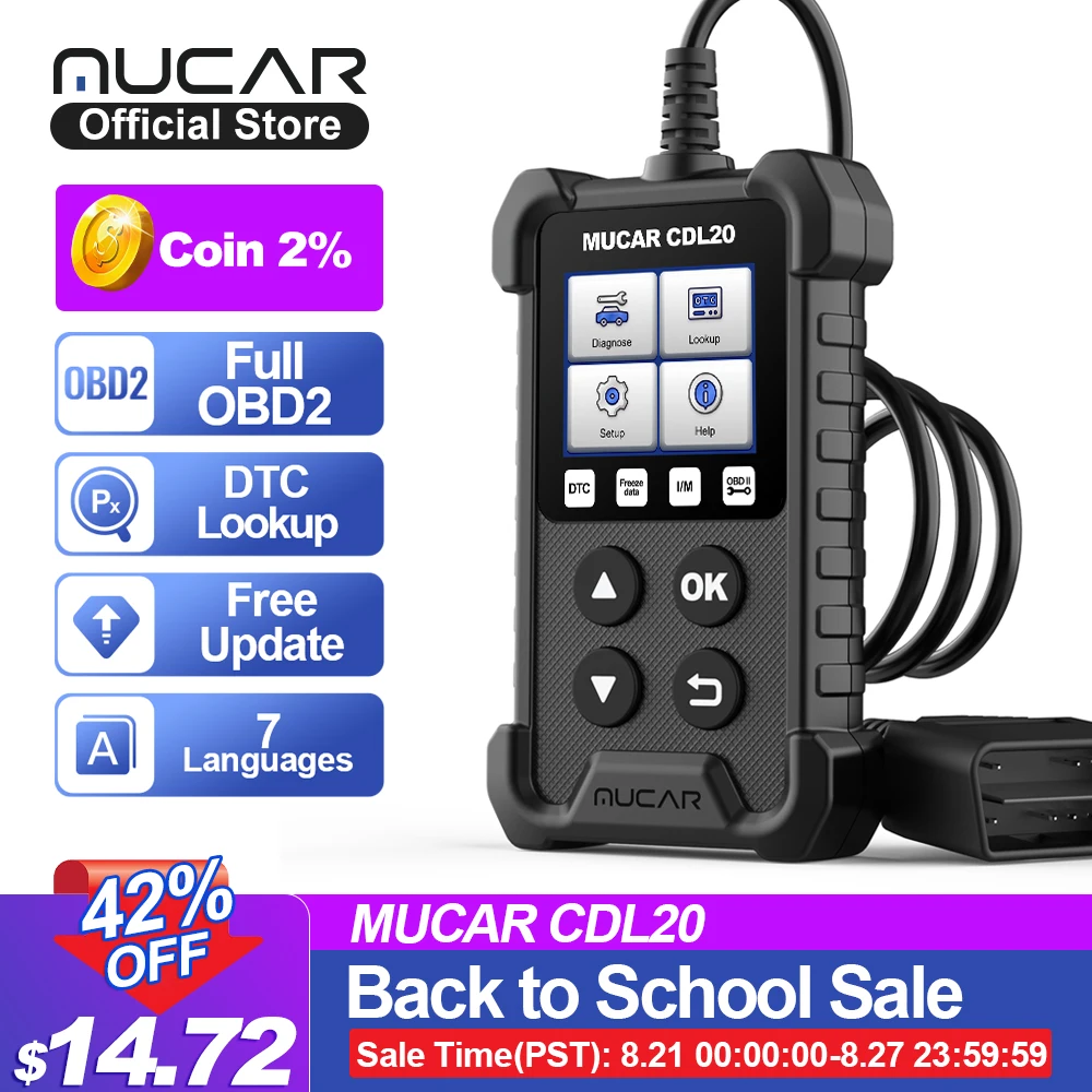 Диагностический сканер MUCAR CDL20 OBD2, считыватель кодов автомобиля, PK ELM327, бессрочный